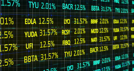 Fototapeta premium Digital image of blue graphs over stock market data processing against black background