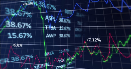 Digital image of financial and stock market data processing against blue background
