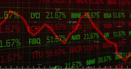 Digital image of stock market data processing against data processing on blue background
