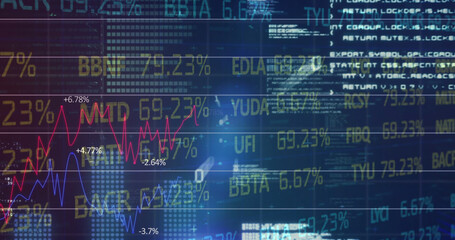 Digital image of statistical and stock market data processing against blue background