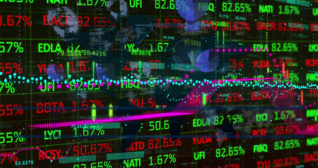 Image of stock market data and graph with data processing on black background