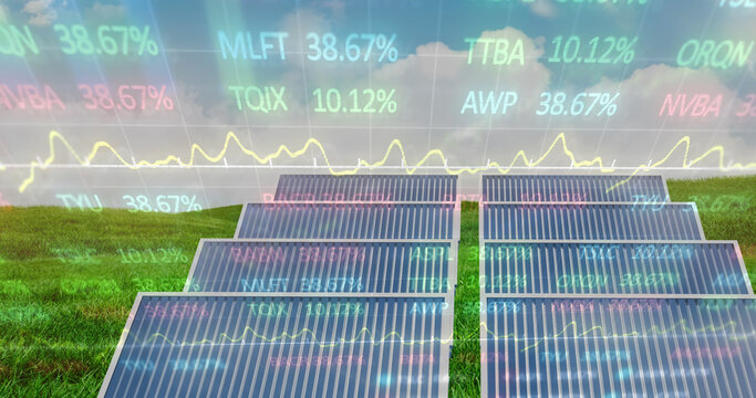 Image of stock market data processing over solar panels on grass against blue sky - Powered by Adobe