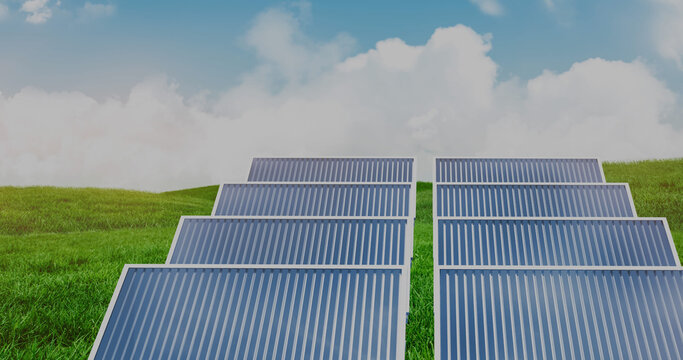 Image of stock market data processing over solar panels on grass against blue sky - Powered by Adobe