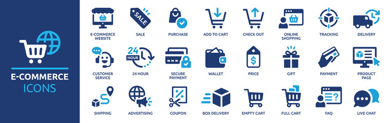 E-commerce icon set. Online shopping and delivery elements. E-business symbol. Solid icons vector collection. - obrazy, fototapety, plakaty