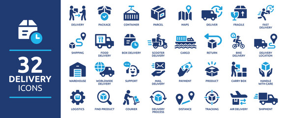 Delivery service icon set. Containing order tracking, delivery home, warehouse, truck, scooter, courier and cargo icons. Shipping symbol. Solid icons vector collection. - obrazy, fototapety, plakaty