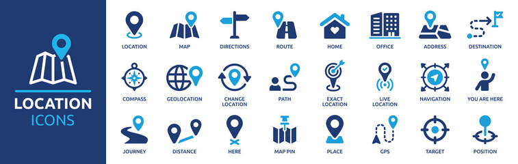 Location icon set. Containing map, map pin, gps, destination, directions, distance, place, navigation and address icons. Solid icons vector collection. - obrazy, fototapety, plakaty
