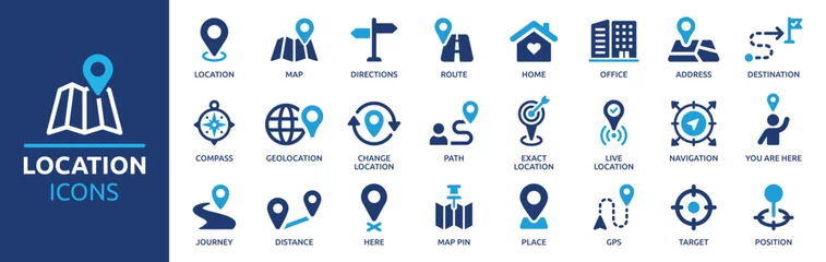 Fotobehang Location icon set. Containing map, map pin, gps, destination, directions, distance, place, navigation and address icons. Solid icons vector collection. © Icons-Studio