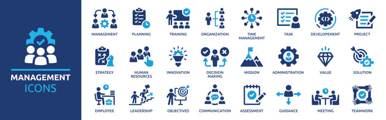 Business or organisation management icon set. Containing manager, teamwork, strategy, marketing, business, planning, training, employee icons. Solid icons vector collection. - obrazy, fototapety, plakaty
