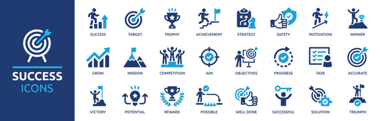 Success icon set. Successful business development, plan and process symbol. Solid icons vector collection. - obrazy, fototapety, plakaty