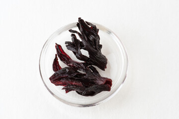 Plant brought together on dried hibiscus flowers for infusion