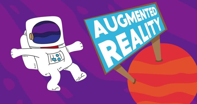 Astronaut adrift near a Red Planet with Augmented Reality Billboard. Abstract cartoon animation. 4k HD Format resolution video.