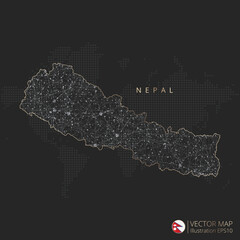 Nepal map abstract geometric mesh polygonal light concept with black and white glowing contour lines countries and dots on dark background. Vector illustration eps10