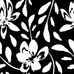 Exotic jungle plants illustration seamless pattern with abstract tropical leaves and foliage on black background.