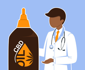 CBD oil. The doctor on the poster offers an alternative treatment. Alternative healthcare illustration. Flat vector illustration.