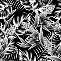abstract seamless tropical pattern with vintage nature plants leaves and foliage on dark background. Composition with flowers and exotic palm leaves. monochromatic tropical seamless pattern. natural