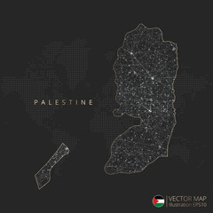 Palestine map abstract geometric mesh polygonal light concept with black and white glowing contour lines countries and dots on dark background. Vector illustration eps10