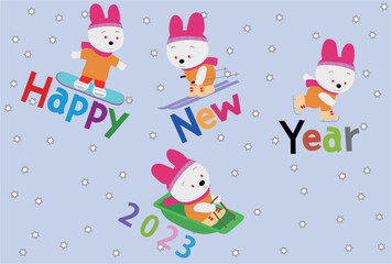 令和五年の年賀状のテンプレート素材。ウサギがウインタースポーツを楽しんでいる。