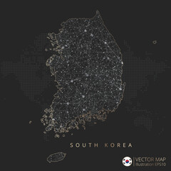 South Korea map abstract geometric mesh polygonal light concept with black and white glowing contour lines countries and dots on dark background. Vector illustration eps10