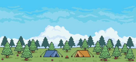 Pixel art pine forest camping landscape with tents and campfire 8 bit game background
