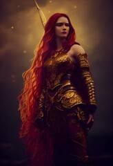 beautiful lady warrior, bow, full body, long wavy red hair, armor intricate details, gold filigree