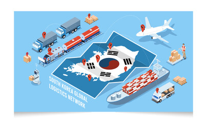 3D isometric South Korea Logistics Network concept with Global Logistics, Warehouse Logistics, Sea Freight Logistics, Export, Import, Cargo, Air, Road, Maritime delivery. Vector illustration eps10 - obrazy, fototapety, plakaty