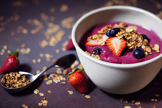 Açaí bowl with granola, tropical fruits, banana, strawberry, raspberry, condensed milk and cereal. Selective focus. Close up