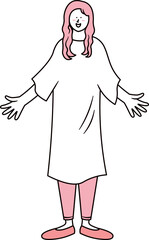 部屋着を着たアジア人女性が両手を広げているイラスト素材