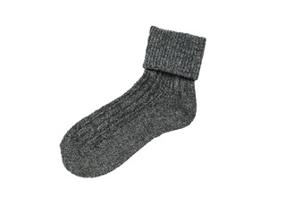 Warm knitted woolen sock insulated on a white background. Minimal footwear concept.