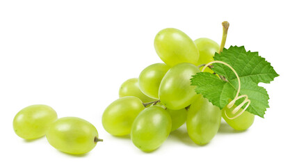 Grapes isolated. A bunch of ripe green grapes with a vine on a white background. Fresh fruits. - obrazy, fototapety, plakaty
