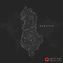 Albania map abstract geometric mesh polygonal light concept with black and white glowing contour lines countries and dots on dark background. Vector illustration eps10