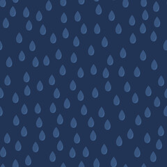 Seamless hand drawn water drop pattern. Rain dark blue background for textile, wrapping paper, web design, postcards, banners.