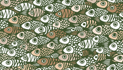 Seamless vector pattern with monochrome fish. A large school of fish with eyes and scales swim in the same direction. Dense repeating light gray background with color marine product.