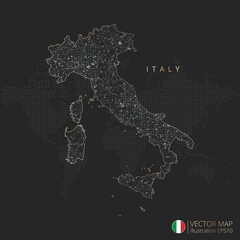 Italy map abstract geometric mesh polygonal light concept with black and white glowing contour lines countries and dots on dark background. Vector illustration eps10