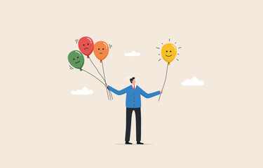 Ability to manage their emotions. Emotional control and self regulation. Emotion regulation and depression management. a man holding balloons with emotion  face.