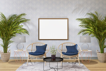 3D illustration Mockup blank photo frame in living room rendering