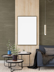 3D illustration Mockup blank photo frame in living room rendering