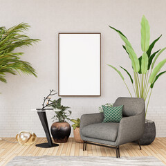 3D illustration Mockup blank photo frame in living room rendering