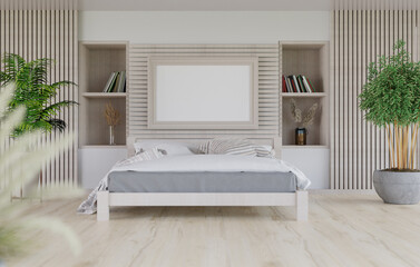 3D mockup blank photo frame in bedroom at pool villa