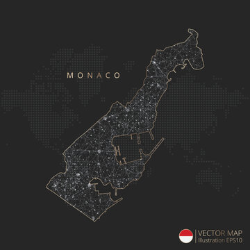 Monaco map abstract geometric mesh polygonal light concept with black and white glowing contour lines countries and dots on dark background. Vector illustration eps10