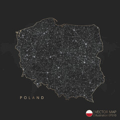 Poland map abstract geometric mesh polygonal light concept with black and white glowing contour lines countries and dots on dark background. Vector illustration eps10