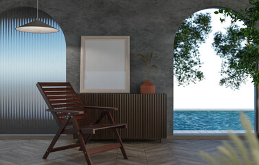 3D mockup blank photo frame in living room rendering