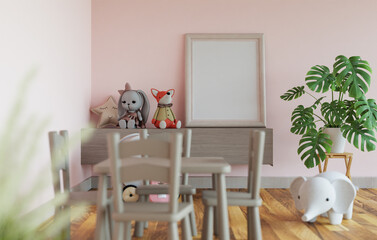 3D mockup blank photo frame in chirldren room rendering