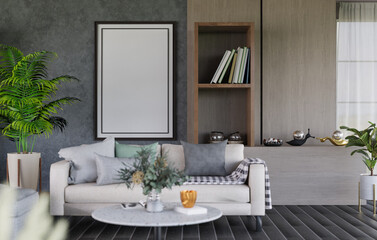 3D mockup blank photo frame in living room rendering