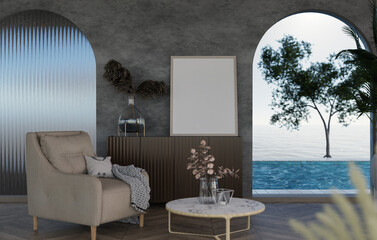 3D mockup blank photo frame in living room rendering
