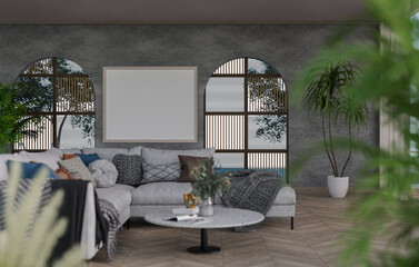 3D mockup blank photo frame in living room rendering