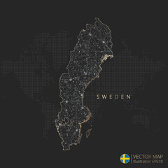 Sweden map abstract geometric mesh polygonal light concept with black and white glowing contour lines countries and dots on dark background. Vector illustration eps10