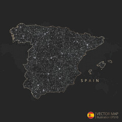 Spain map abstract geometric mesh polygonal light concept with black and white glowing contour lines countries and dots on dark background. Vector illustration eps10