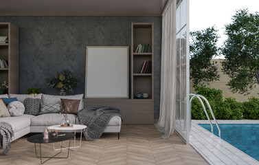 3D mockup blank photo frame in living room rendering