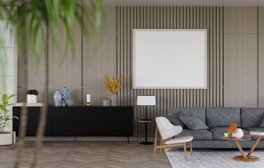 3D mockup blank photo frame in living room rendering
