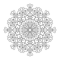 Abstract mandala, centerpiece or whimsical snowflake line art design or coloring page
